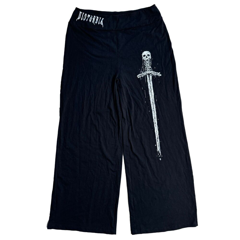 Disturbia Goth Alt Pants Women 12 Black Skull Death Sword Wide Leg Baggy Pull On